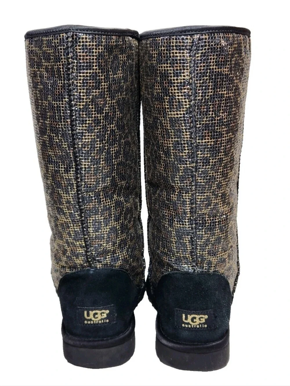 UGG Leopard Glitter Classic Tall Sz 7 Genuine Sheepskin Boots Black/Gold 1006819